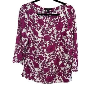 Banana Republic Purple White Floral 3/4 Sleeve Pullover Sheer Top Size Medium